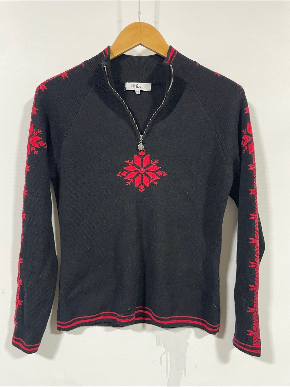 Neve Black V-Neck Half-Zip Sweater with Red Snowflake Accents
